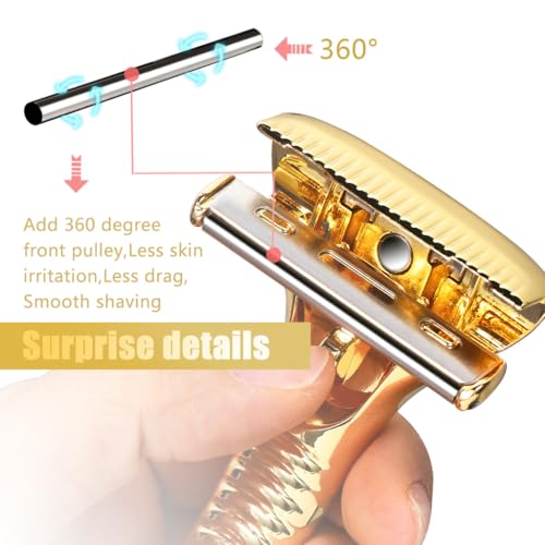 Single Blade Razors for Men and Women, Reusable Modular Safety Razor with Magnetic Head and Metal Non-Slip Grip, 10 Single Edge Razor Blades & Leather Case,Gold Roller