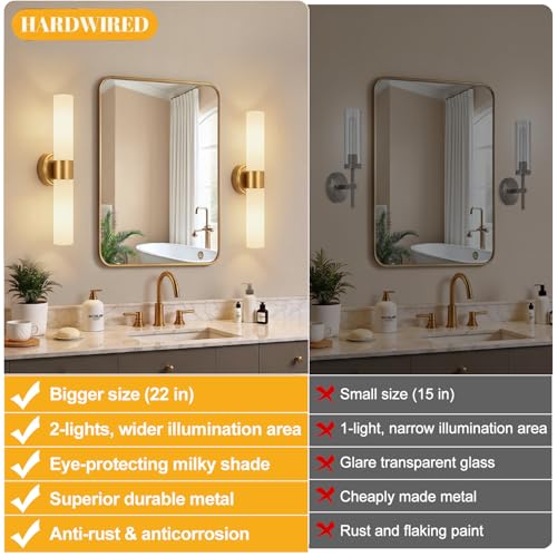 Hardwired Wall Sconces Set of Two - Modern Bathroom & Living Room Lighting with Milky White Glass - Brushed Gold & 22 Inch Variation