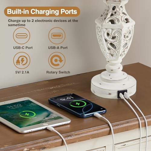 Cream Boho Bedside Lamp Set of 2 with USB-C & Nightlight - Rustic Farmhouse Table Lamps for Bedroom