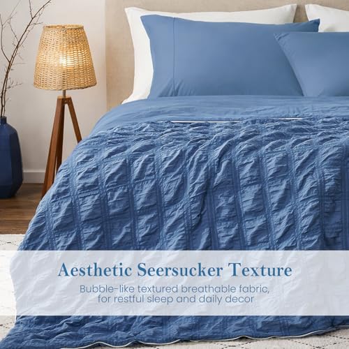 Navy Blue King Size Cooling Comforter Seersucker Blanket - Lightweight Summer Bedding