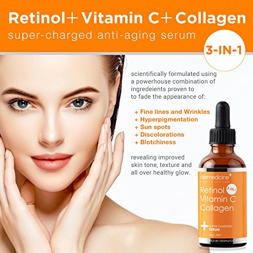 Dermedicine 1 Fl Oz Retinol Vitamin C Collagen Face Serum with Hyaluronic & Ceramides