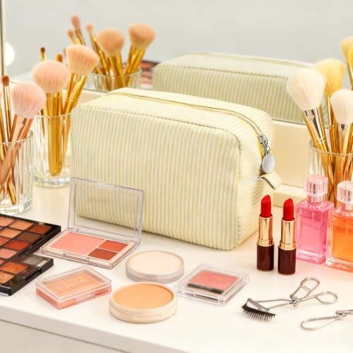 Giesiery 8 Pcs Seersucker Makeup Bags Striped Cosmetic Bags Bulk Organizer for Women Preppy Travel Toiletry Pouch for Wedding Bridesmaid Gifts (Pastel Color, Large)