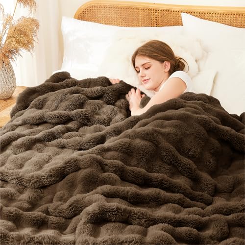 Faux Rabbit Fur Throw Blanket - 90x90 Inches, Cocoa Brown, Reversible & Ultra Soft