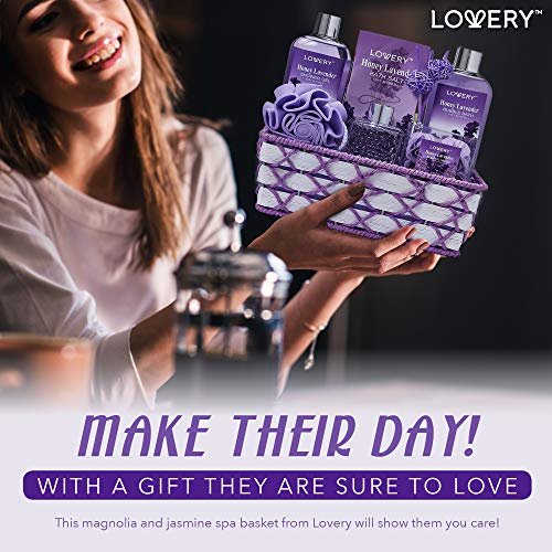 Bath and Body Gift Basket For Women and Men, Honey Lavender Home Spa Set with Essential Oil Diffuser, Soap Flowers, Bath Salts, Bubble Bath & More - 13 Piece Set, Presents for Mom