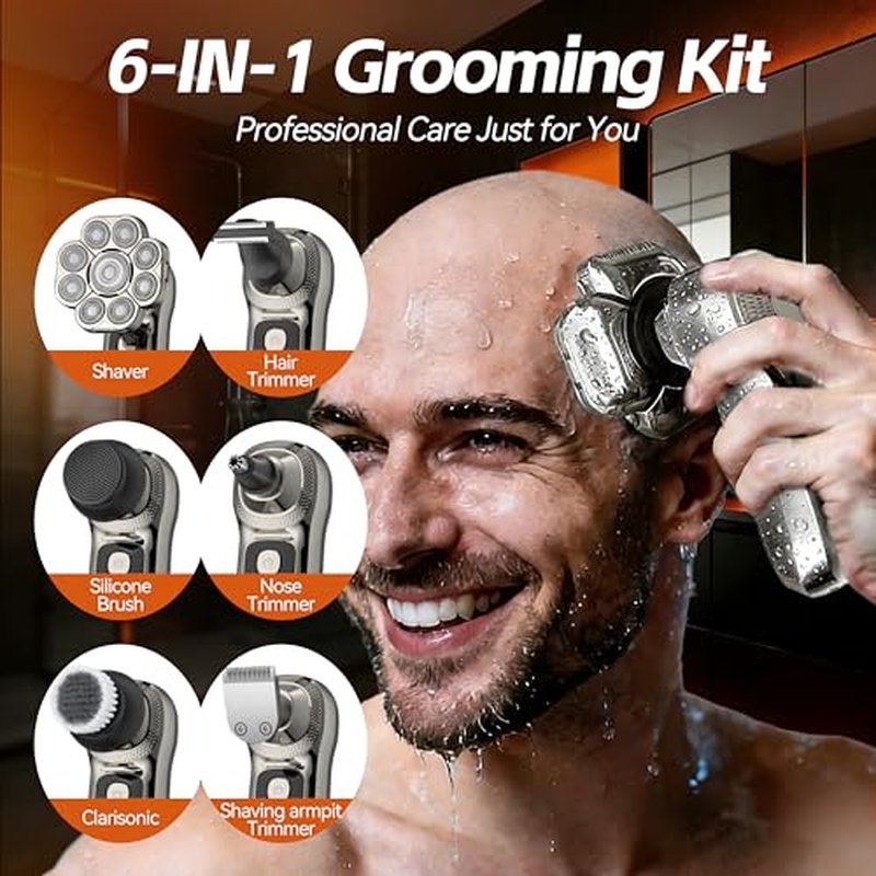 9D Head Shaver for Bald Men, 6-in-1 Electric Grooming Kit, Cordless Rechargeable Wet & Dry Waterproof Skull Razor with Nose Trimmer, Hair Clipper & Body Grooming Attachments