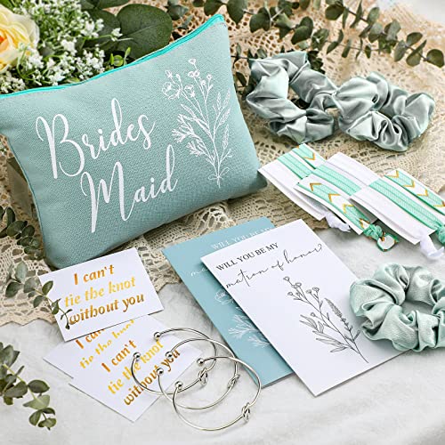 Cunno 48 Pcs 8 Sets Bridesmaid Proposal Gifts Bulk Wedding Will You Be My Maid of Honor Matron of Honor Bridal Shower Makeup Bags Scrunchies Bracelets Cards for Wedding Bridesmaids(Green)