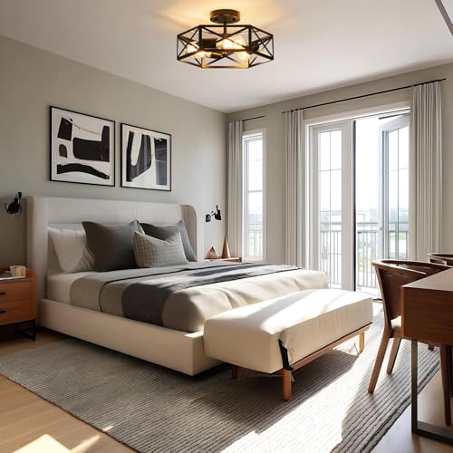 KUZIEG 14.6 Inch Modern Farmhouse Black Metal Semi Flush Mount Ceiling Light Fixture