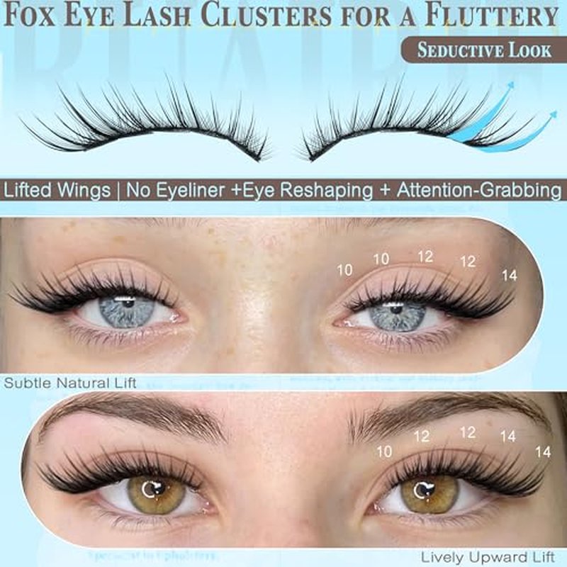 Fox Eye Lash Clusters Kit Natural Eyelash Clusters Manga Lashes Clusters Wispy Cluster Eyelash Extensions 10-14mm Cat Eye Lash Extension Kit Universal Fit Individual Lashes Daily Wear Lash Clusters