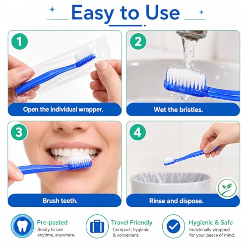 100 Pcs Prepasted Disposable Toothbrushes Bulk Individually Wrapped - Travel & Hotel Use