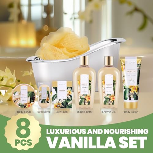 Spa Gift Sets, Gifts for Her, 8pcs Vanilla Bath Sets with Body Butter, Bubble Bath, Bath Bomb, Bath Sets for Women Gifts, Christmas Gifts, Gifts for Women