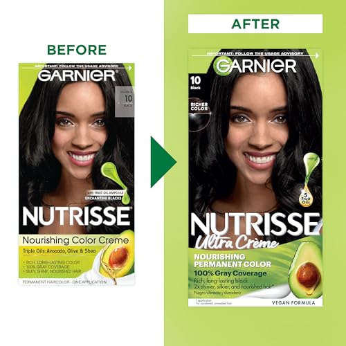 Garnier Nutrisse Ultra Cr?me Hair Color, Permanent Hair Dye with 100% Gray Coverage, Vegan & Cruelty-Free, 10 Black (Licorice), 1 Count
