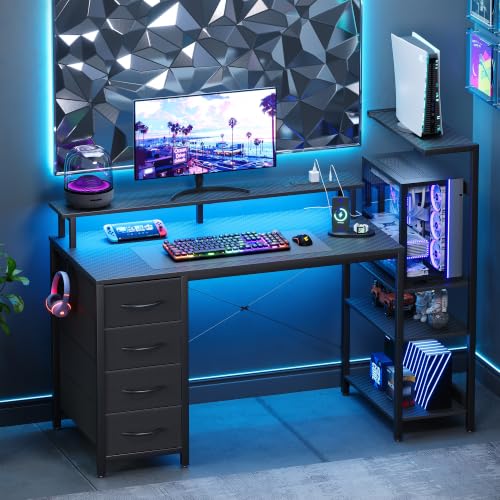 Carbon Fiber Black Gaming Desk 51 Inch with Drawers LED Lights & PC Stand