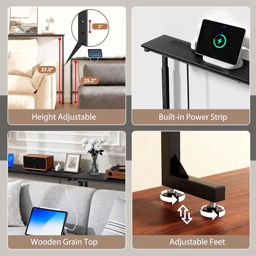 90-Inch Adjustable Sofa Table with Outlets - Black Behind Couch Console