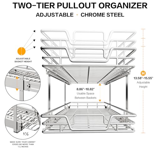 2-Tier Pull Out Kitchen Cabinet Organizer - 17" W x 21" D Shelf & Drawer Storage