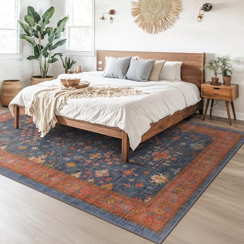 6' x 9' Navy Blue & Terracotta Dining Room Rug - Washable Boho Tribal Area Rug