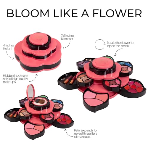 Teens Flower Makeup Kit - Petals Expand to 3 Tiers, Variety Shades, Gift Set for Girls & Beginners - Toysical