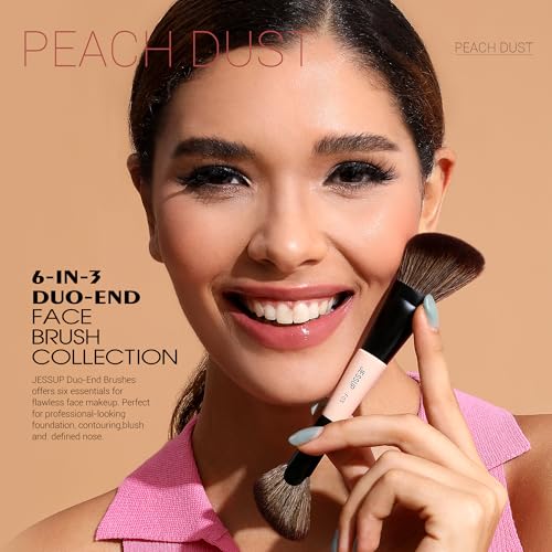 Jessup Face Makeup Brushes 3pcs Double Ended Makeup Brush Set for Foundation Contour Blush Highlight and Powder, Premium Synthetic Make up Brushes Peach Dust T508