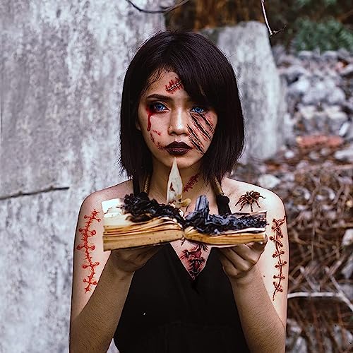 Halloween Temporary Face Tattoo Sticker 3D Zombie Scar Fake Bloody Wound for Cosplay Party Masquerade Prank Prop Decorations, Waterproof Sweatproof Makeup for Women Man kids