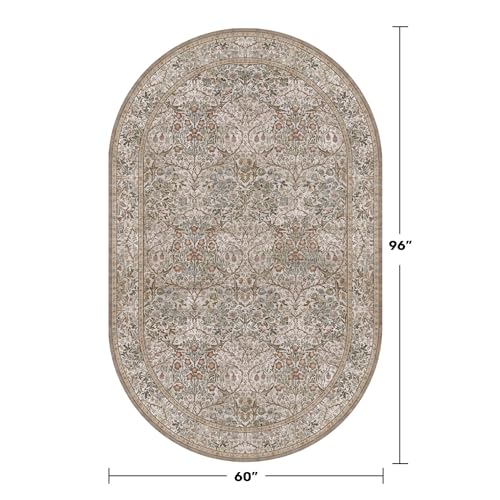 Moss Green 5x8 Oval Rug with Non-Slip Backing - Vintage Floral Area Rug for Living Room