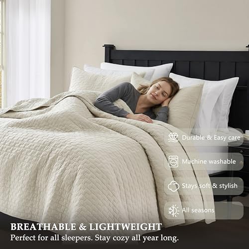 California King Cotton Quilt Set with Pillow Shams - Block Beige, Textured Oversized Bedspread
