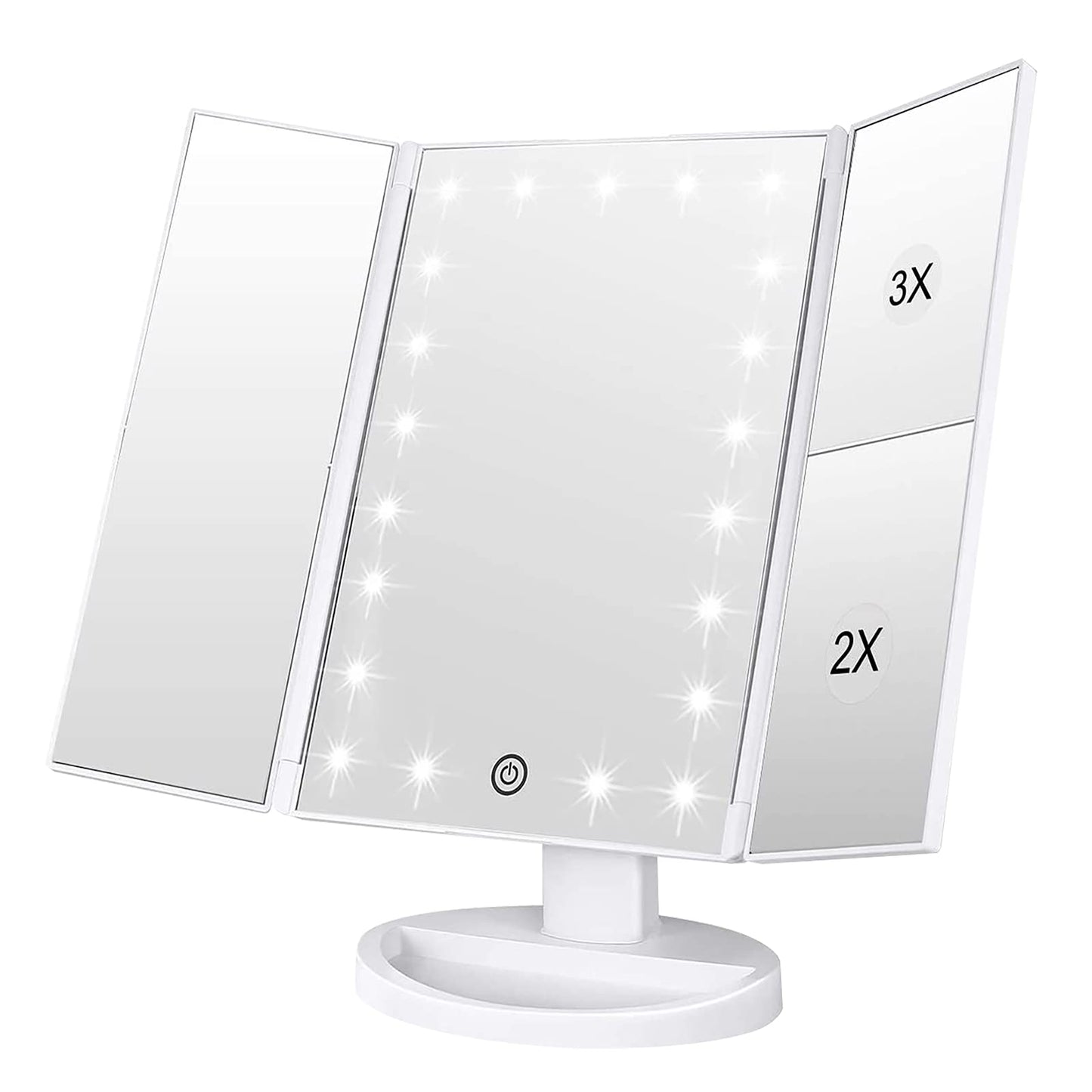 WEILY Makeup Mirror with 21 LED Lights,Two Power Supply Modes, Adjustable Touch Screen and 1x/2x/3x Magnification Tri-Fold Vanity Mirror,Chargeable Travel Cosmetic Mirror for Desktop(White)