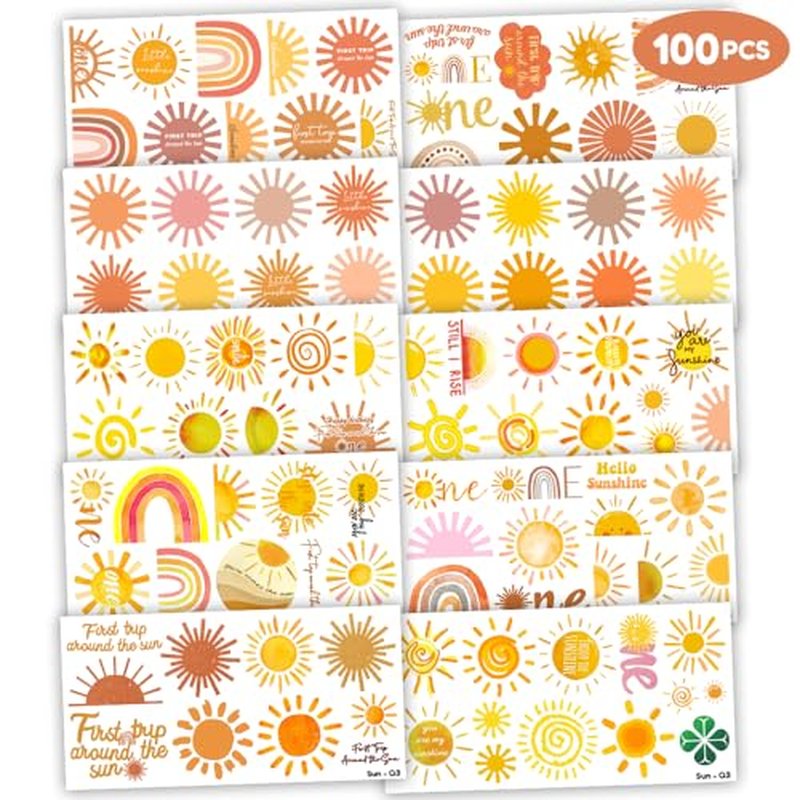 100PCS Boho Sunshine Sun Temporary Tattoos Themed Birthday Party Decorations Favors Supplies Decor Hello Sunshine Sunset Stickers Cute Gifts for Game Kids Boys Girls Class Prizes Carnival