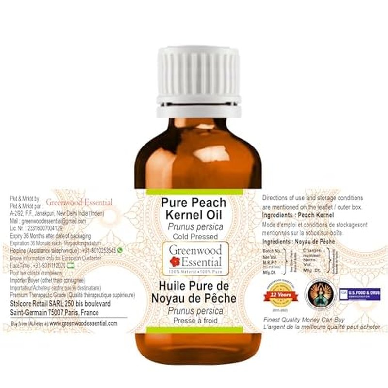 Greenwood Essential Peach Kernel Oil (Prunus persica) | Cold Pressed | Natural | Undiluted | For Diluting Essential Oils | For Skin & Massage | Men & Women | 30ml (1 oz)