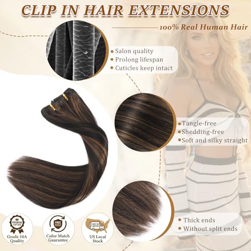 Clip in Hair Extensions Human Hair Remy Balayage 14 Inch Natural Black to Chestnut Brown - 80g