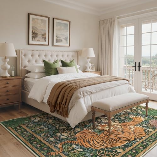 Green Tiger Print Washable Area Rug 6x9 Non Slip for Living Room & Bedroom