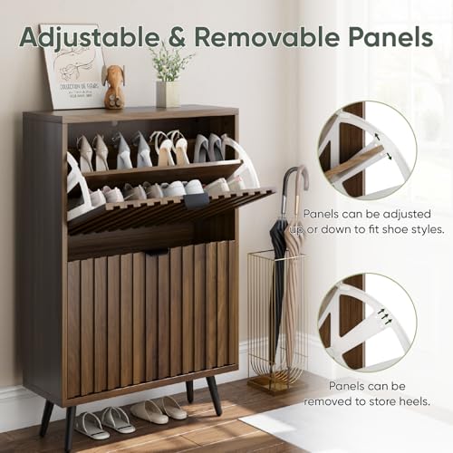 Walnut Shoe Cabinet with Flip Drawers - 23.6 Inch Freestanding Organizer with Fluted Design