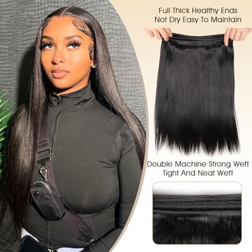 Brazilian Hair Extensions - 16 Inch Natural Color Virgin Remy Human Hair Bundles with Double Weft - No Shedding