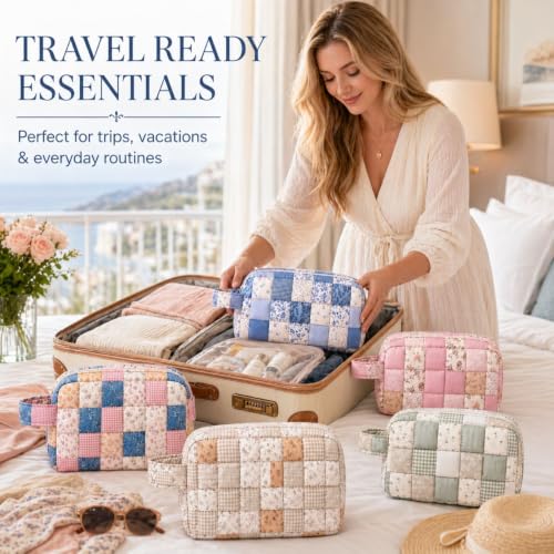 Large Quilted Makeup Bag 5 Pack with Handle Travel Cosmetic Organizer