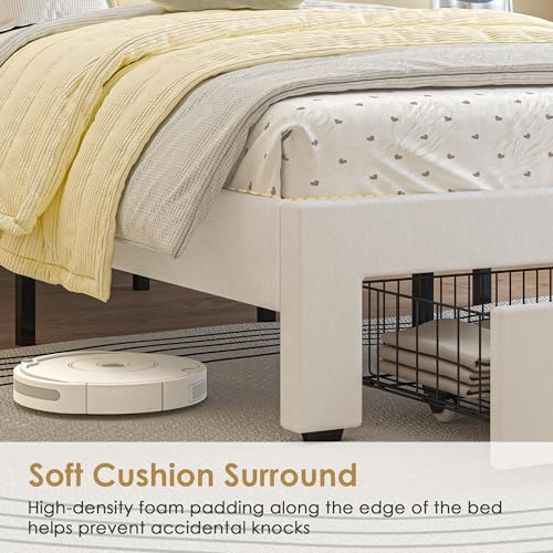 VECELO Twin Size Upholstered Storage Bed Frame with Adjustable Headboard - White