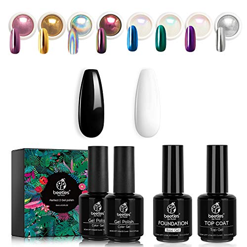 Beetles Chrome Nail Powder+2PCS 15ml Black White Color Gel Polish+2PCS 15ml No Wipe Base Top Coat