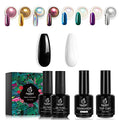 Beetles Chrome Nail Powder+2PCS 15ml Black White Color Gel Polish+2PCS 15ml No Wipe Base Top Coat