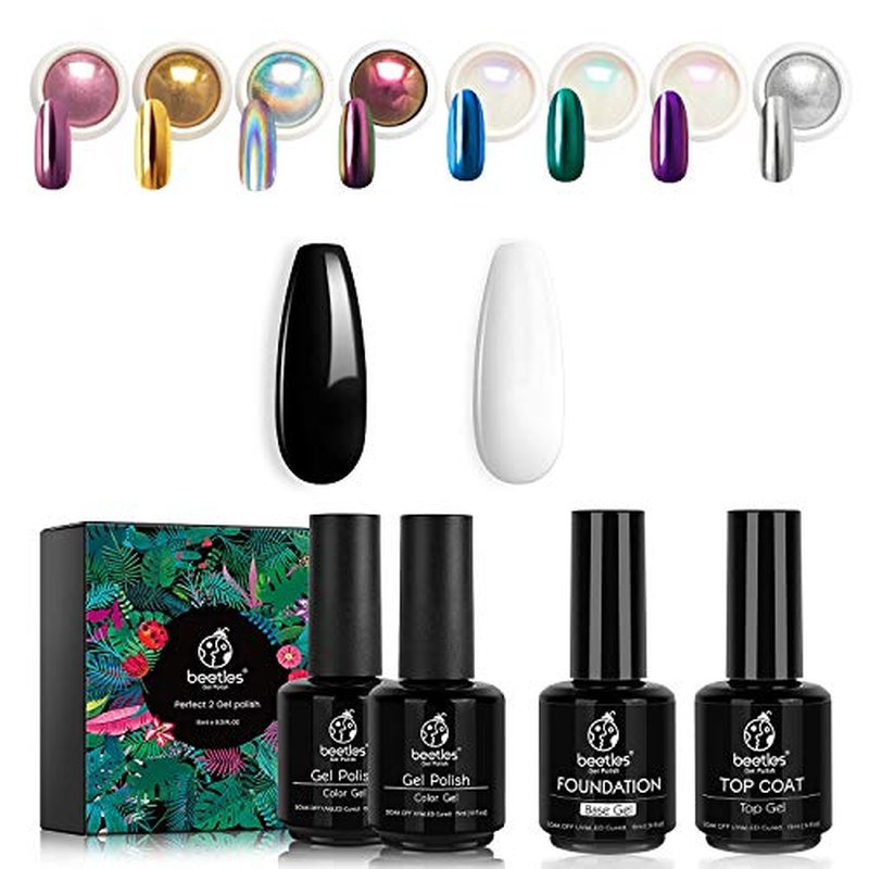Beetles Chrome Nail Powder+2PCS 15ml Black White Color Gel Polish+2PCS 15ml No Wipe Base Top Coat