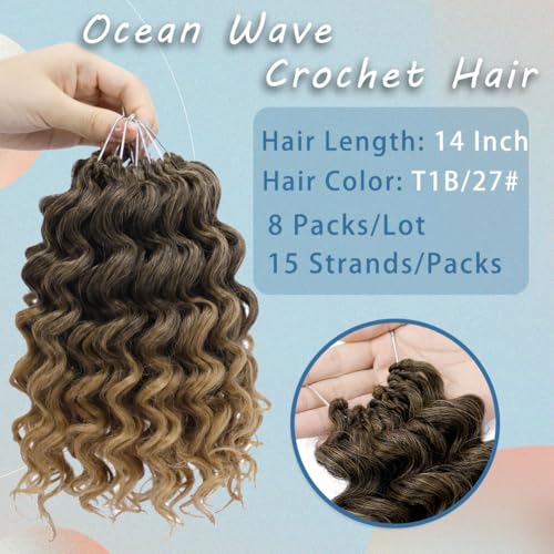 LOS MOEER Ocean Wave Crochet Hair Deep Wave Pre-Looped 14 Inch T1B/27# Pack of 8
