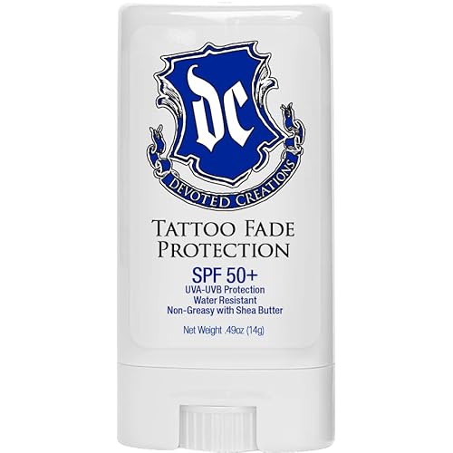 Devoted Creations Tattoo Fade Protection Stick with SPF 50+ UVA-UVB Protection, Water Resistant, Non-Greasy with Shea Butter .49oz (Pink/Blue)