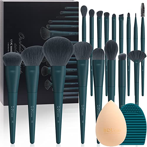 DUcare Dark Green 19pcs Makeup Brush Set with Sponge & Cleaning Mat – Vegan, Soft, Professional Tools