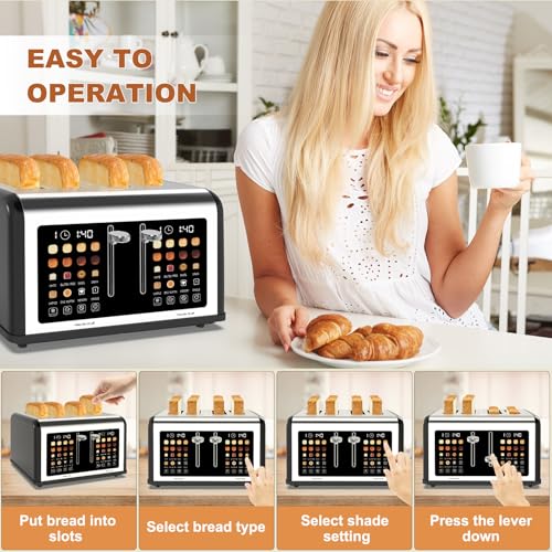 Black 4-Slice Touch Screen Toaster with Dual Control, 8 Shade Settings, 6 Bread Types