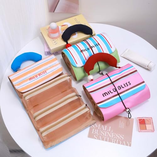 Striped Foldable Makeup Bag Travel Toiletries Organizer, 4-in-1 Detachable Multi-Compartment Cosmetic Bag For Women Travelers - Portable Toiletries Travel Bag & Makeup Organizer (carneose)