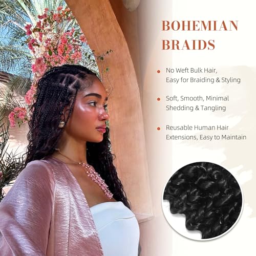 RIZZGYATT 24 Inch Water Wave Human Hair Extensions - No Weft, 2 Bundles, 15A Brazilian Virgin Boho Hair #1B