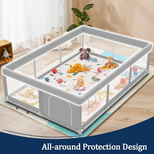 Baby Playpen with Mat 74x50 Inch - Grey, Safety Gate and Activity Fence for Toddlers