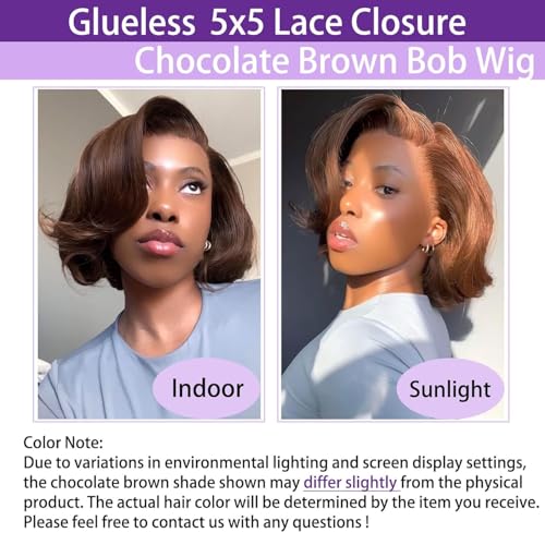 Brown Color 16-inch Human Hair Bob Wig - Glueless, Pre-Styled, Realistic Lace Closure