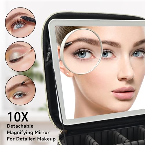 Travel Makeup Bag with LED Mirror & 10x Magnifying Glass - Black, Adjustable Dividers