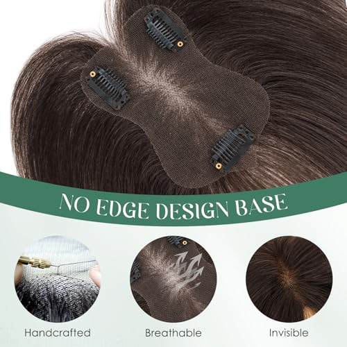 Dark Brown Human Hair Topper with Bangs - 11 Inch Clip-In Hairpiece for Thinning Hair, Side Bang Style
