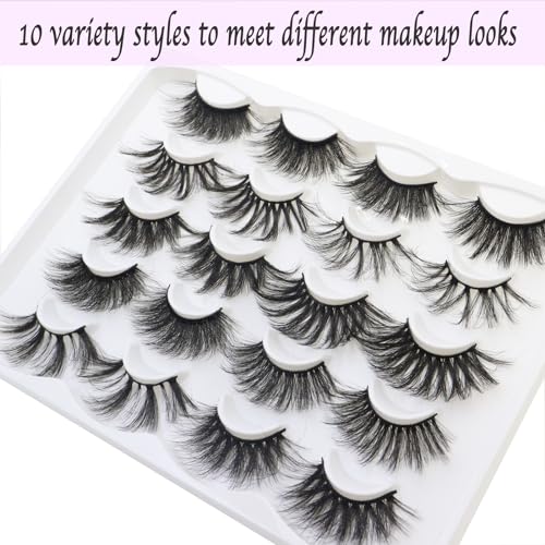 DAODER False Eyelashes 25MM Mink Lashes Dramatic Look Fluff Long Fake Eyelashes Wispy 25mm False Lashes Strip 10 Variety Pairs Mixed for Halloween Bold Makeup