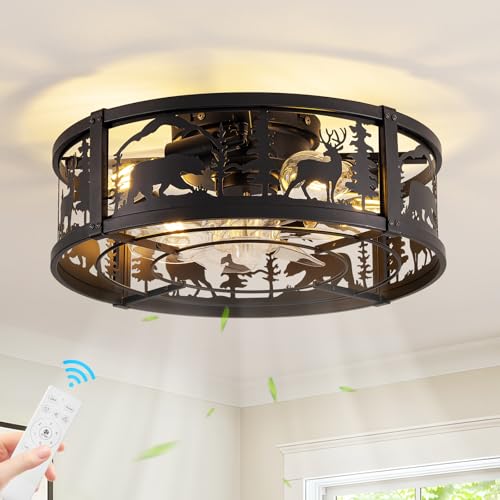 18 Inch Rustic Farmhouse Ceiling Fan with Light - Bear & Deer Silhouettes, Remote Control
