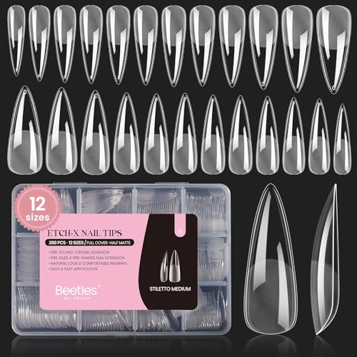 Beetles Gel Nail Tips Stiletto Medium, 288Pcs 12 Sizes Pre-Etched Half Matte Full Cover Soft Acrylic False Nail Tips Pre-Shaped Easy DIY Etch-X Nail Extension Salon Gift for Women