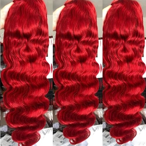 Red Lace Front Wig 13x4 HD Transparent Swiss Lace Body Wave 26 Inch Pre-Plucked Glueless Synthetic Hair for Black Women - Bright Red